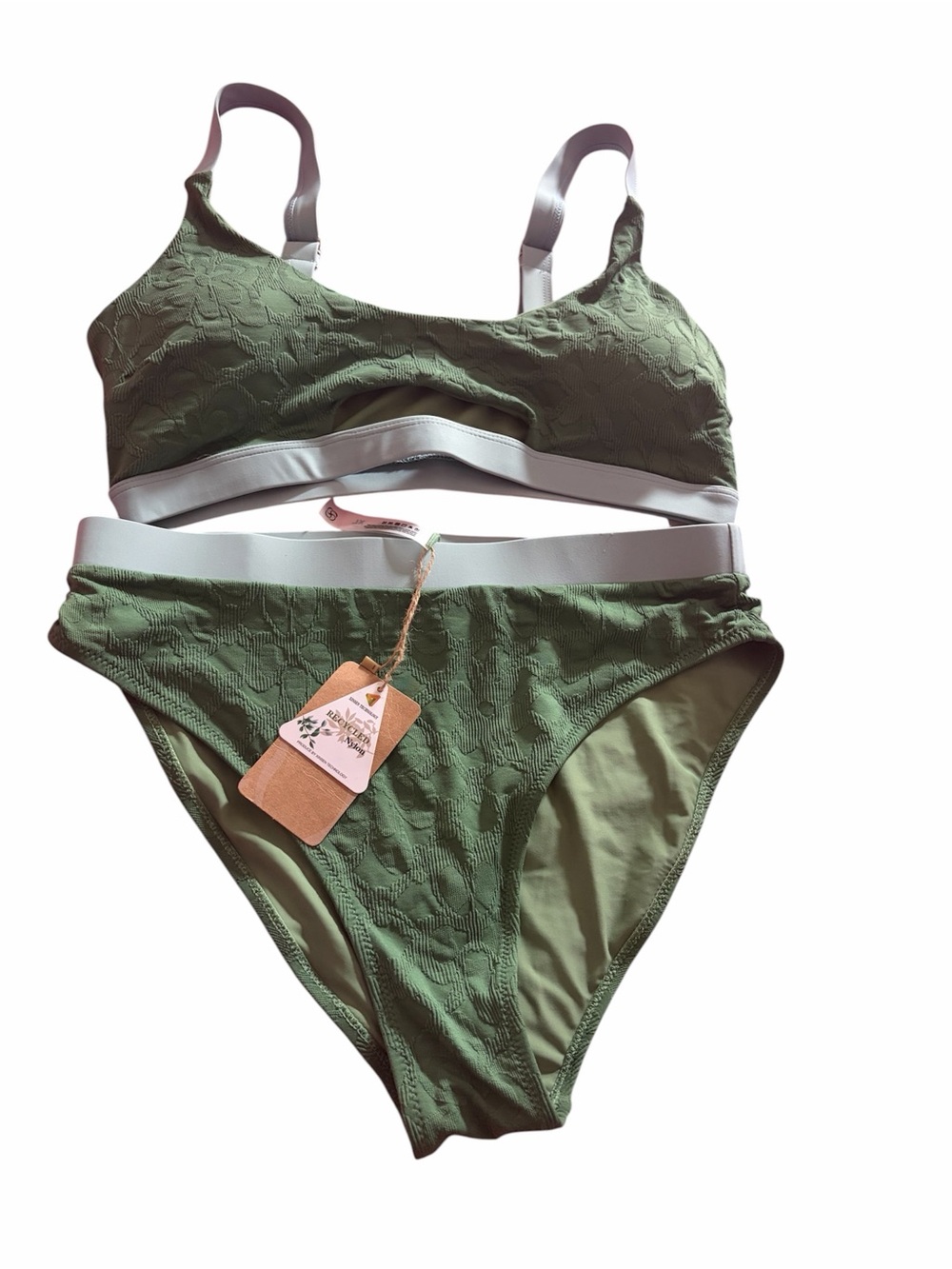 High-Waist Olive Green Bikini Set with Contrast Band -